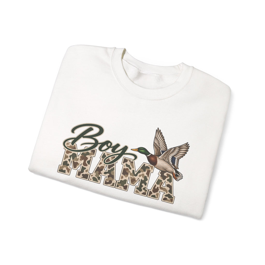 Boy Mama Crewneck Sweatshirt — Camo Lettering with Flying Duck