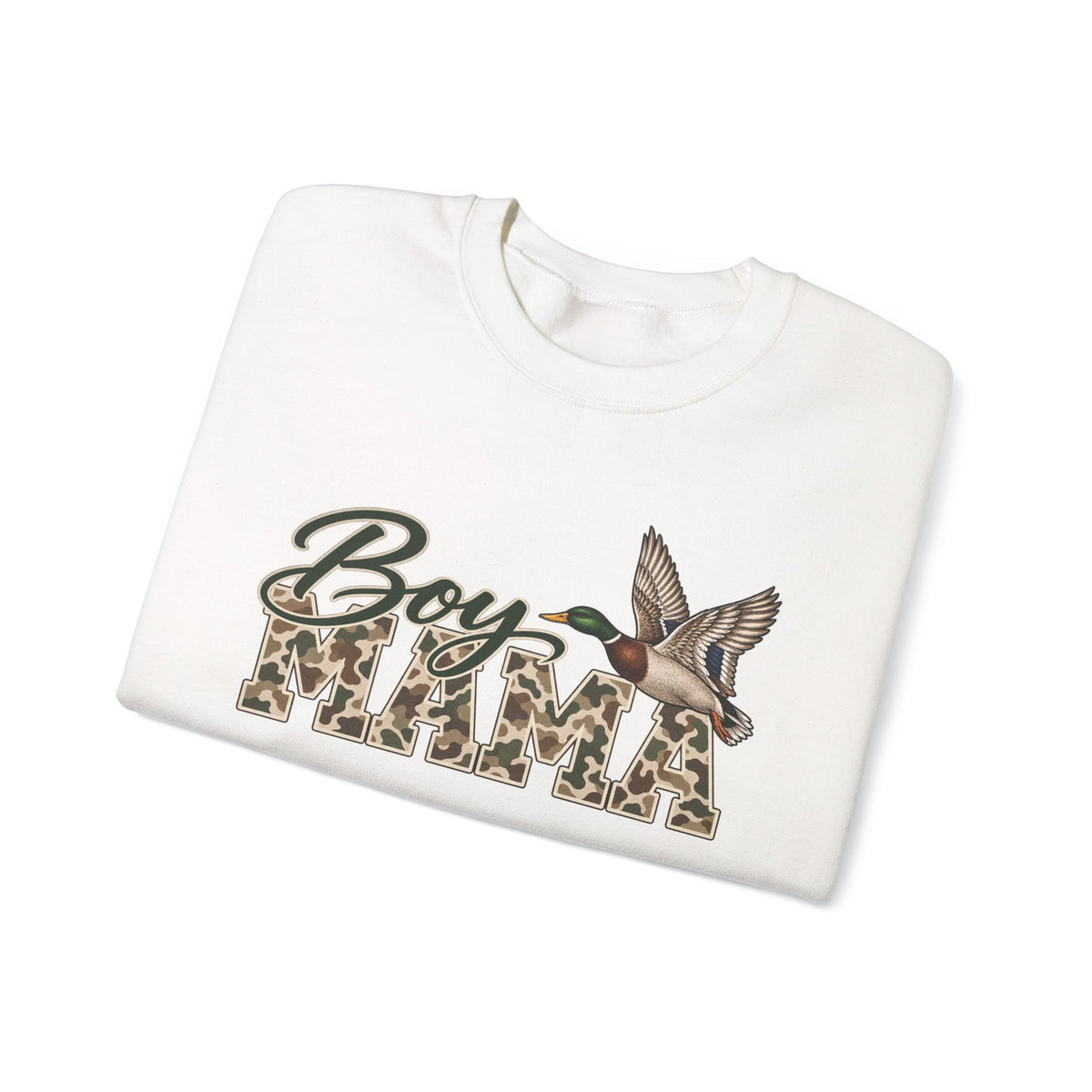 Boy Mama Crewneck Sweatshirt — Camo Lettering with Flying Duck