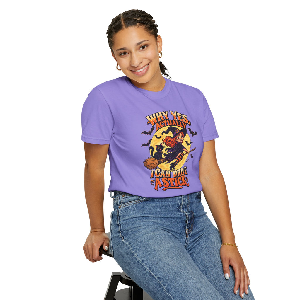 Witch Broom Halloween T-Shirt — "Why Yes Actually I Can Drive A Stick"