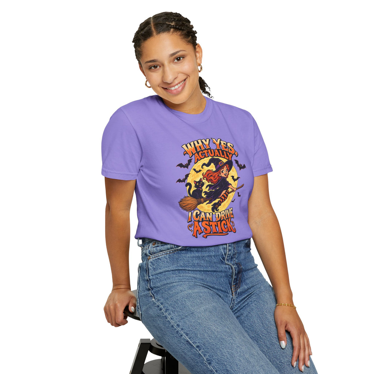 Witch Broom Halloween T-Shirt — "Why Yes Actually I Can Drive A Stick"