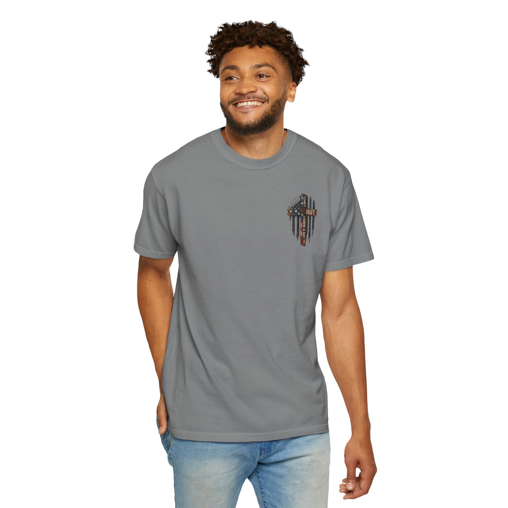T-Shirt — 'I Can't But I Know A Guy' American Flag Cross Graphic