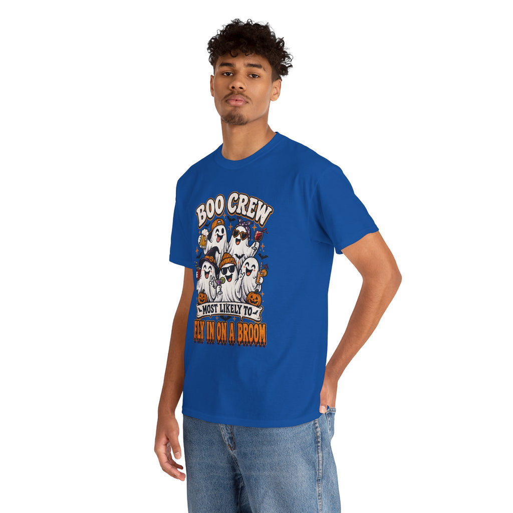 Boo Crew T-Shirt — “Most Likely to Fly on a Broom” Halloween Ghost Tee