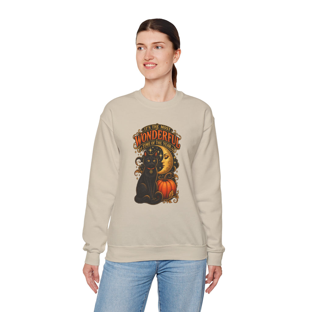 Vintage Halloween Sweatshirt - "It's the Most Wonderful Time of the Year" Black Cat & Moon Design