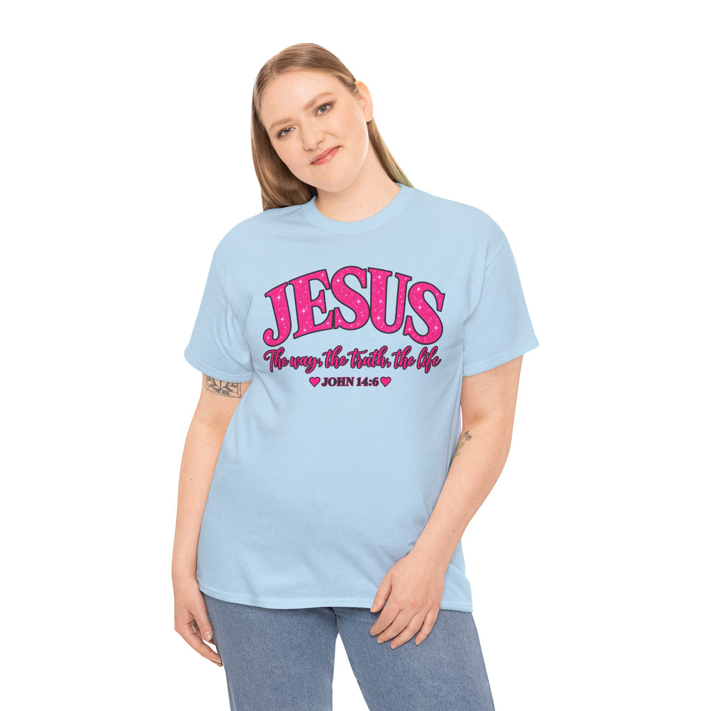 Christian T-Shirt — "JESUS The way, the truth, the life" (John 14:6) Pink Vintage Script