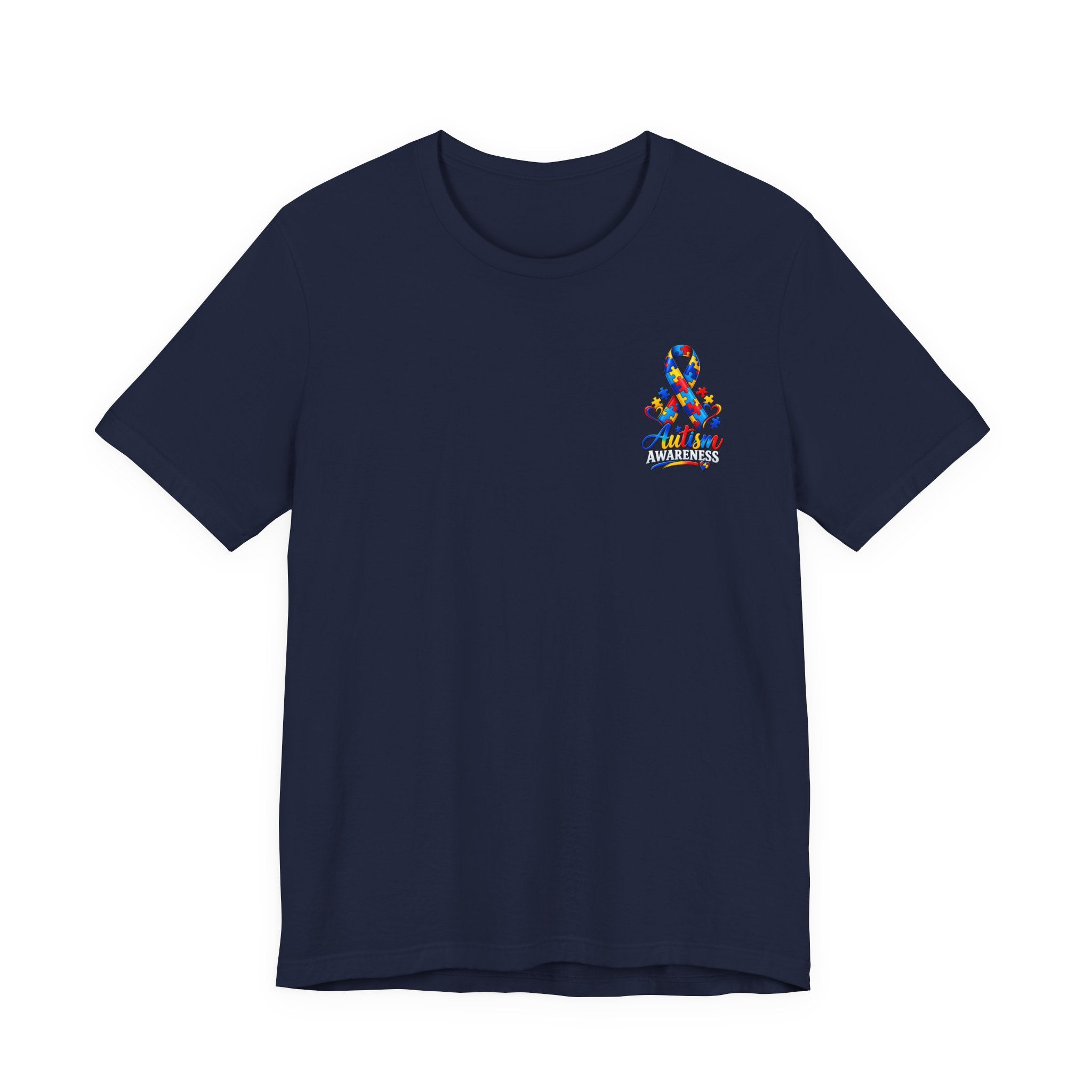 Autism Awareness Ribbon Chest Tee — 'Different, Not Less' Short Sleeve T-Shirt