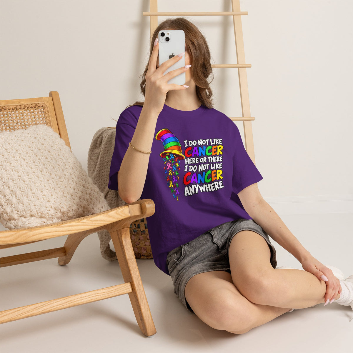 Cancer Awareness T-Shirt — “I Do Not Like Cancer Here or There” Rainbow Ribbon Tee