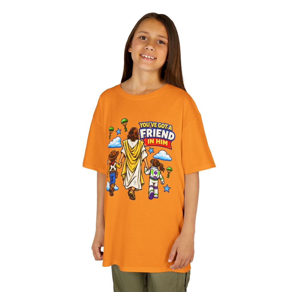 Kids Tee — "You've Gotta Friend in Him" Inspirational Jesus & Toy Friends Graphic