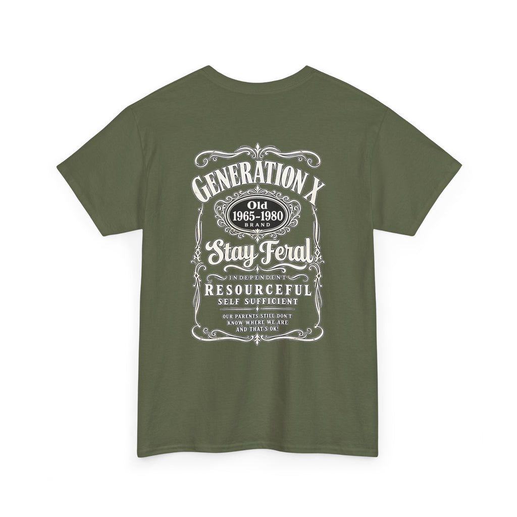 Generation X T‑Shirt — 'Stay Feral' Vintage Whiskey Label Tee (Born 1965–1980)
