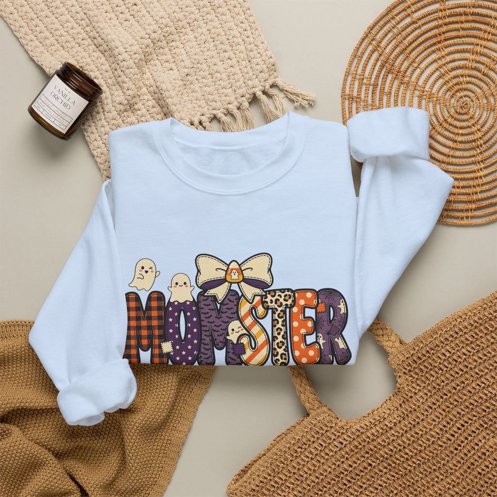 Momster Halloween Sweater | Momster Crewneck Sweatshirt, Halloween mom, purple orange spooky lettering