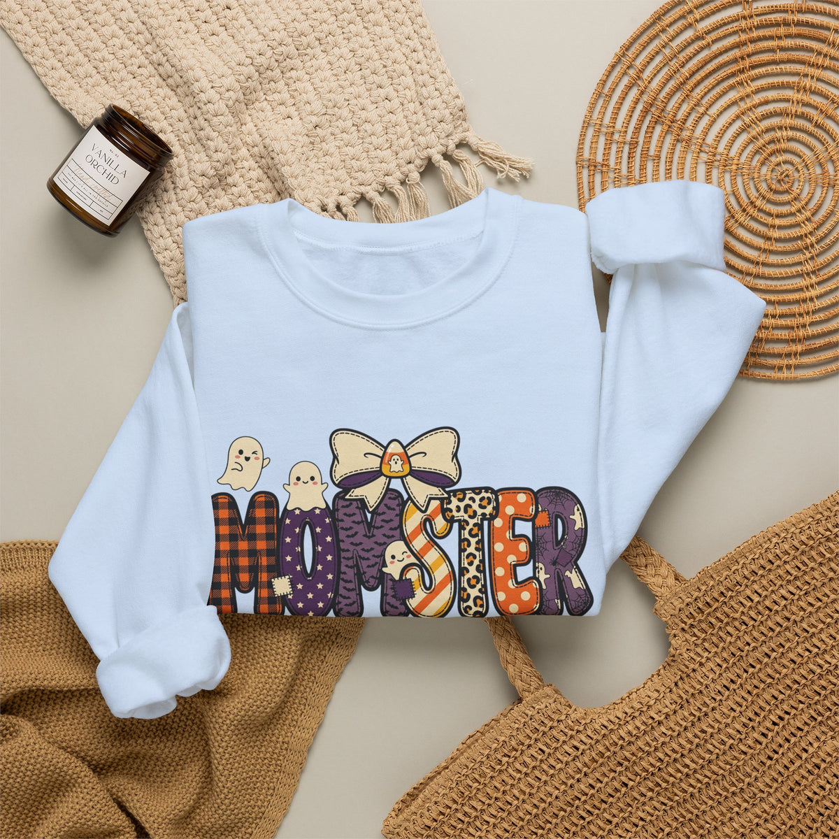 Momster Halloween Sweater | Momster Crewneck Sweatshirt, Halloween mom, purple orange spooky lettering