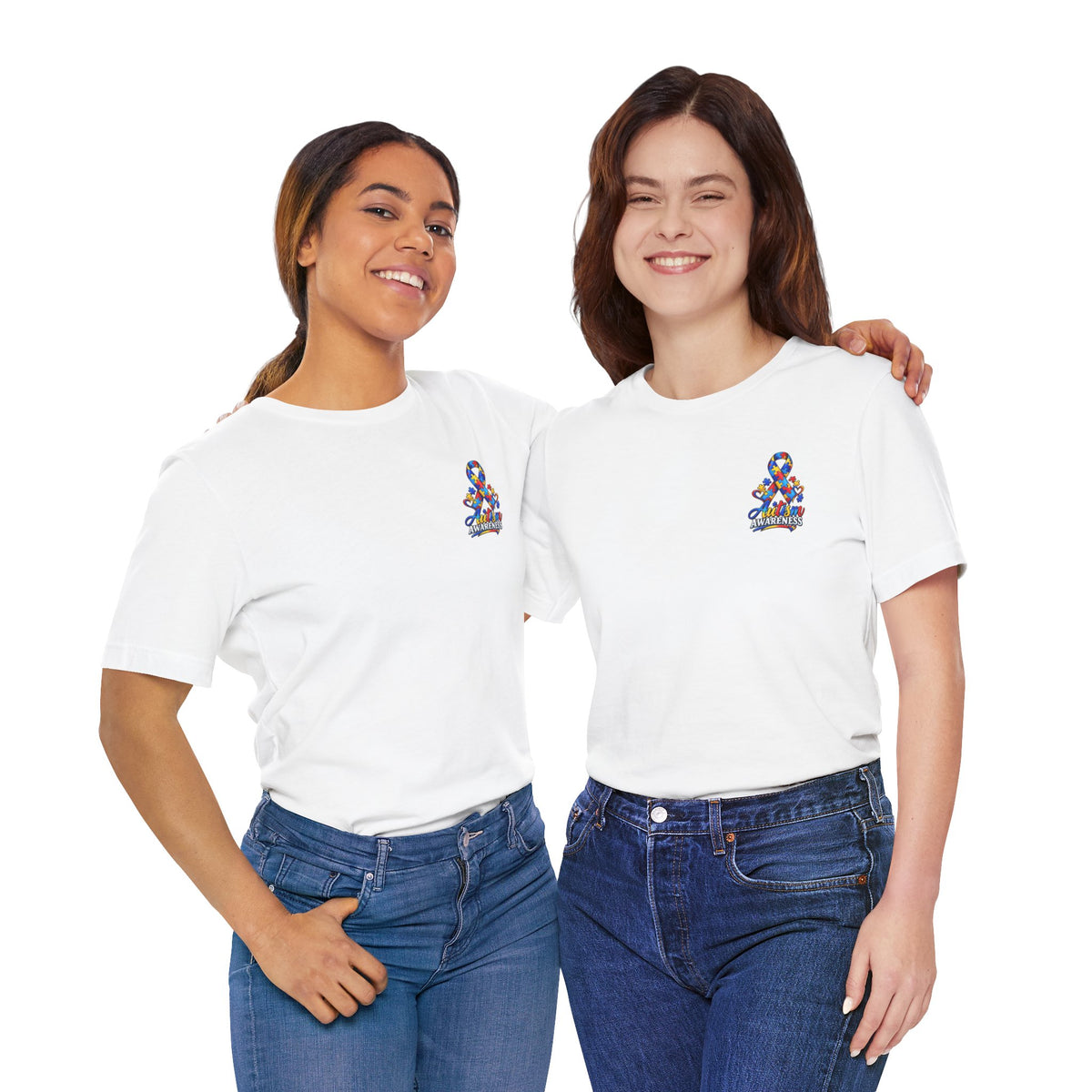 Autism Awareness Ribbon Chest Tee — 'Different, Not Less' Short Sleeve T-Shirt