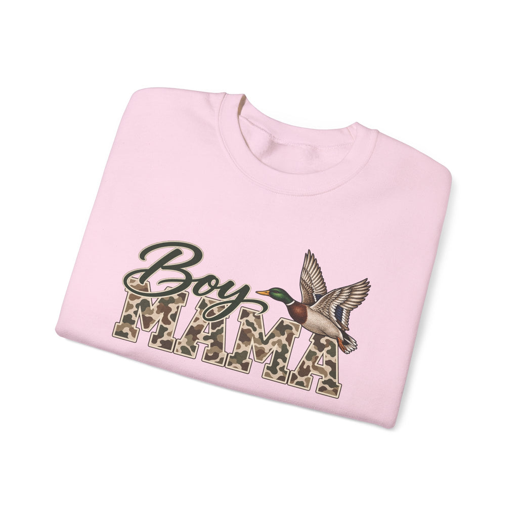 Boy Mama Crewneck Sweatshirt — Camo Lettering with Flying Duck