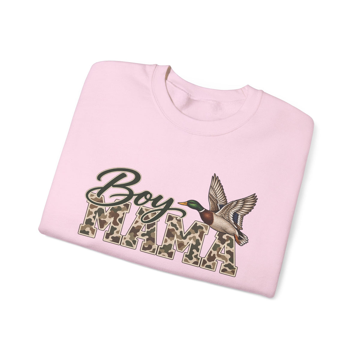 Boy Mama Crewneck Sweatshirt — Camo Lettering with Flying Duck