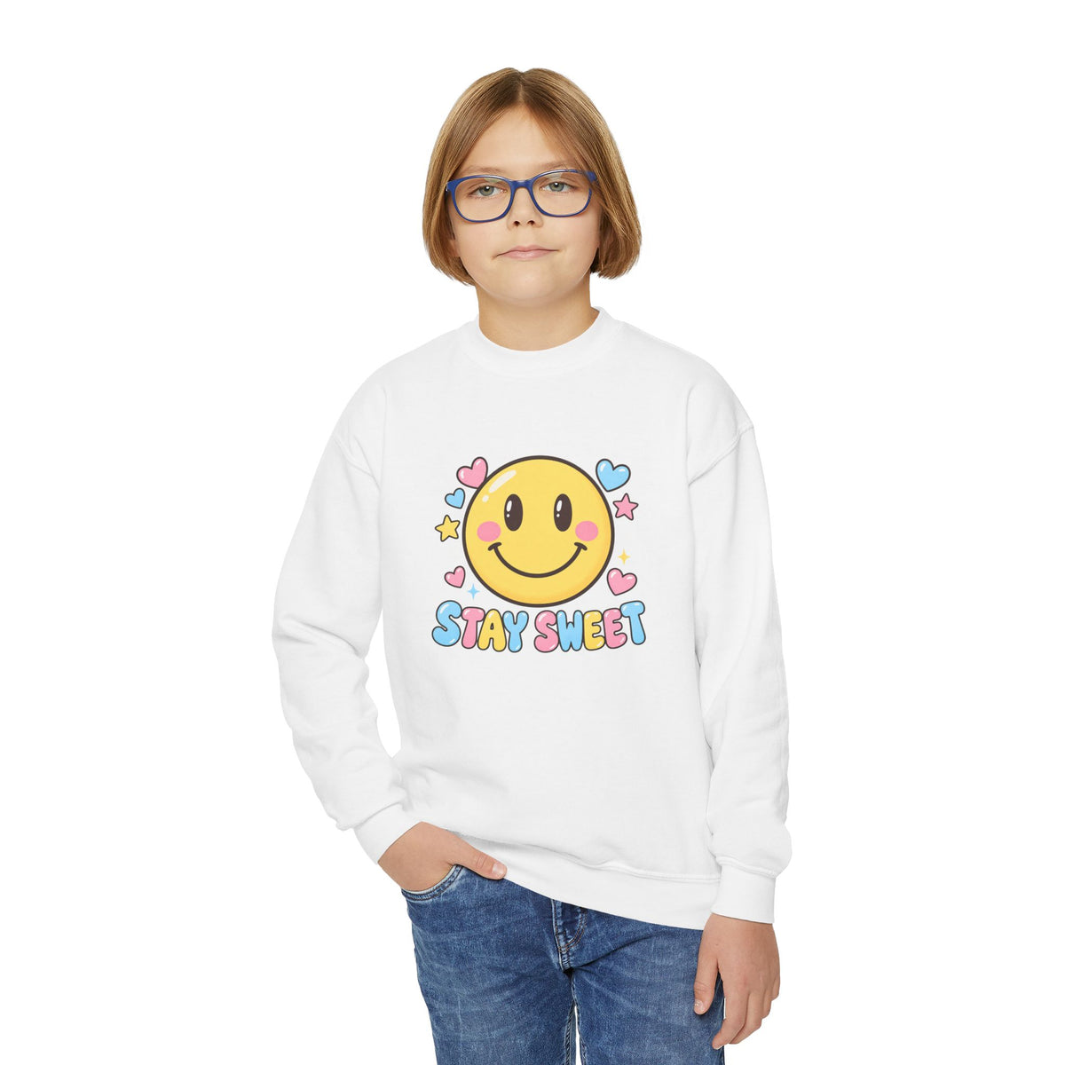 Youth Crewneck Sweatshirt — Cute Smiley "Stay Sweet" Graphic, Kids Cozy Pullover