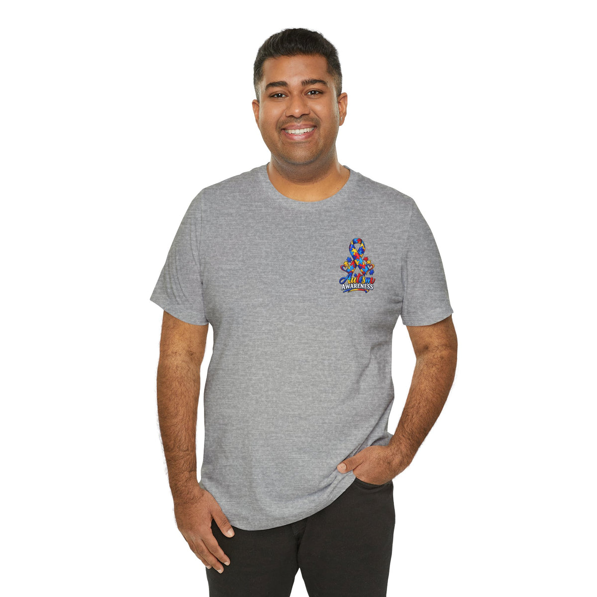 Autism Awareness Ribbon Chest Tee — 'Different, Not Less' Short Sleeve T-Shirt