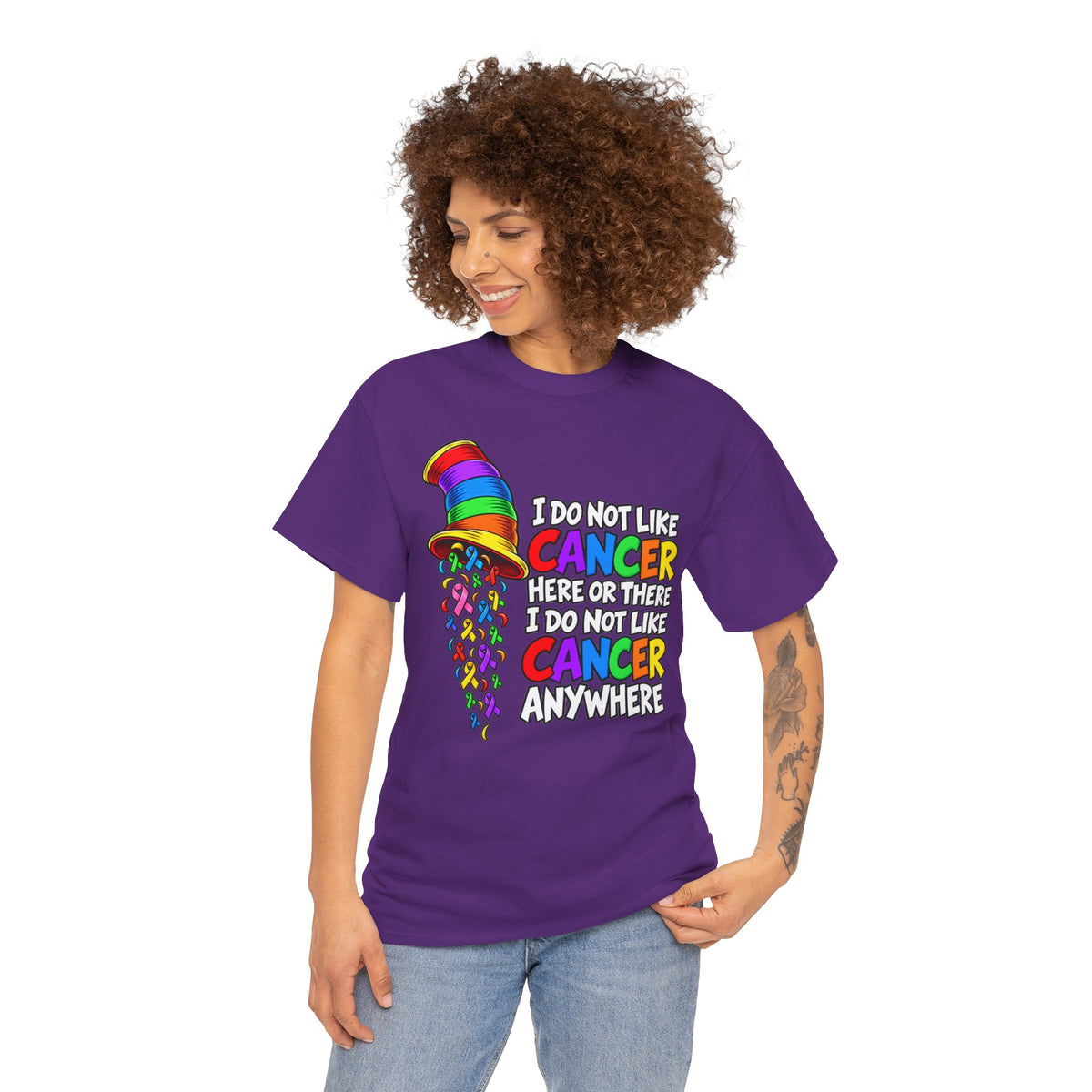 Cancer Awareness T-Shirt — “I Do Not Like Cancer Here or There” Rainbow Ribbon Tee