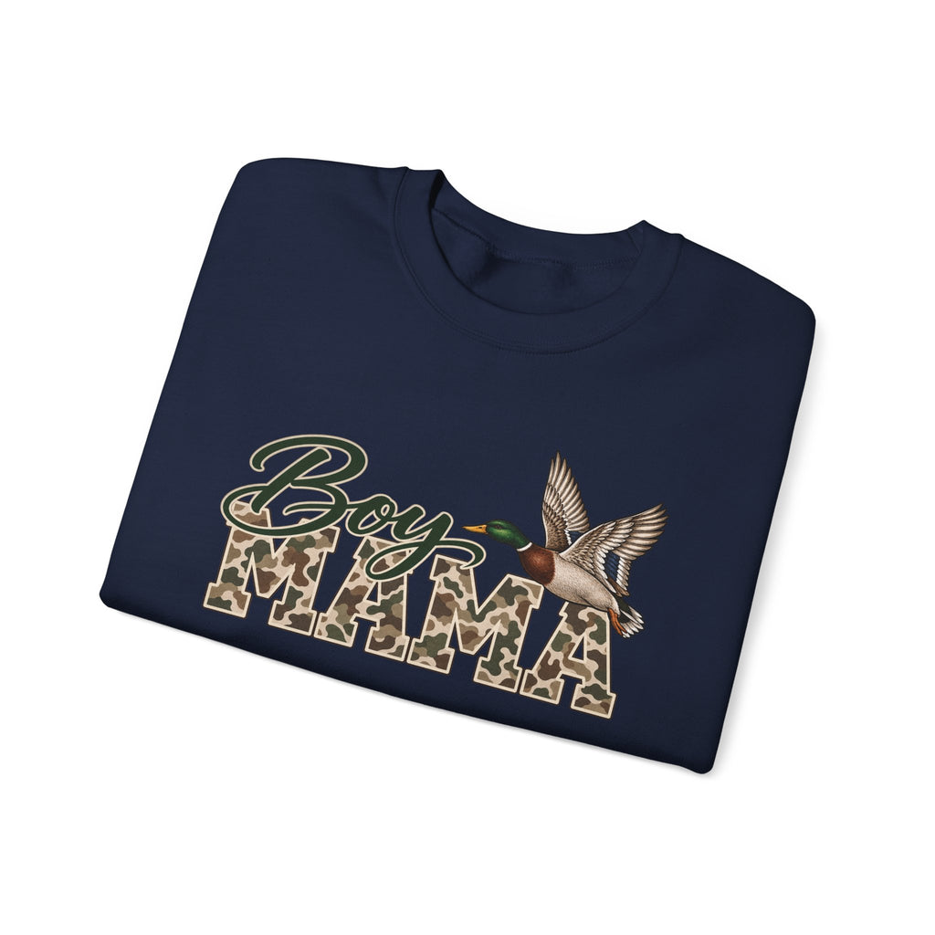 Boy Mama Crewneck Sweatshirt — Camo Lettering with Flying Duck