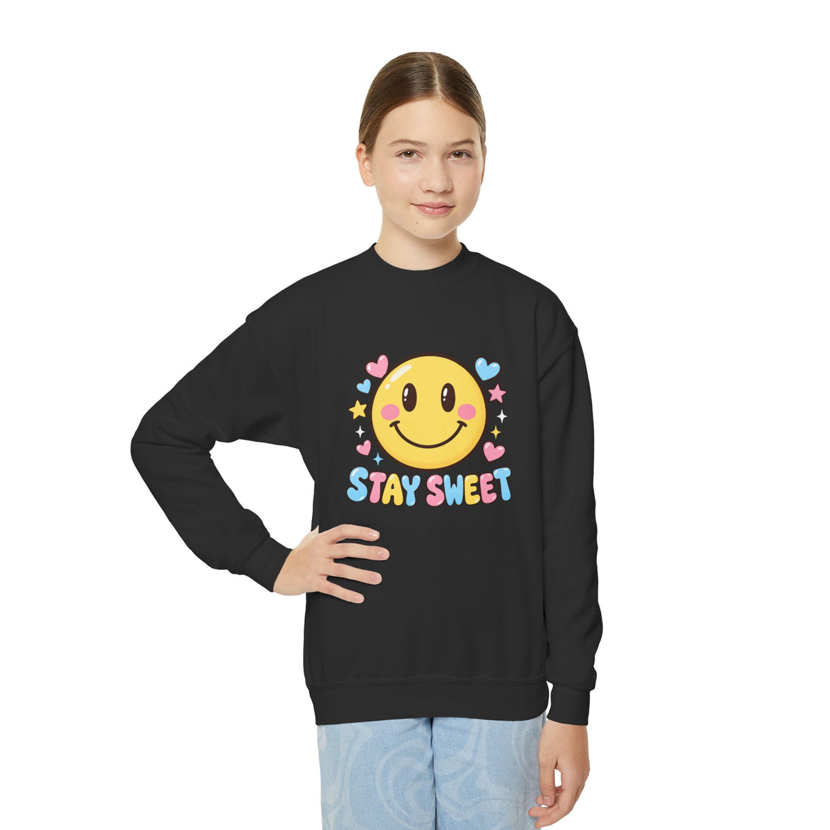Youth Crewneck Sweatshirt — Cute Smiley "Stay Sweet" Graphic, Kids Cozy Pullover