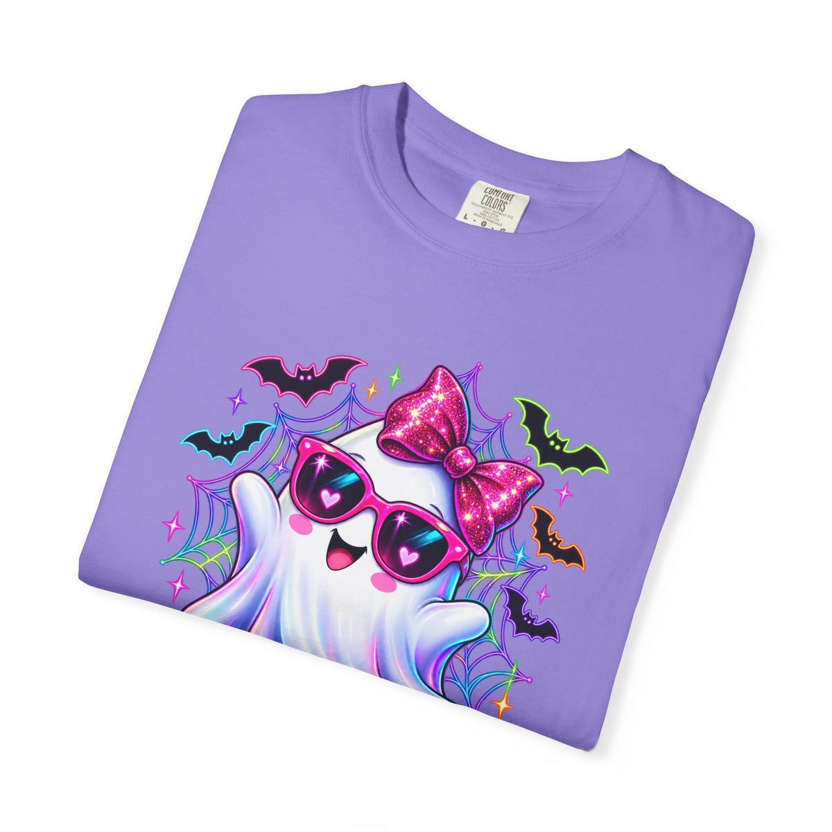 Cute Halloween Ghost T-Shirt — Pink Bow Ghost with Sunglasses & Pumpkins