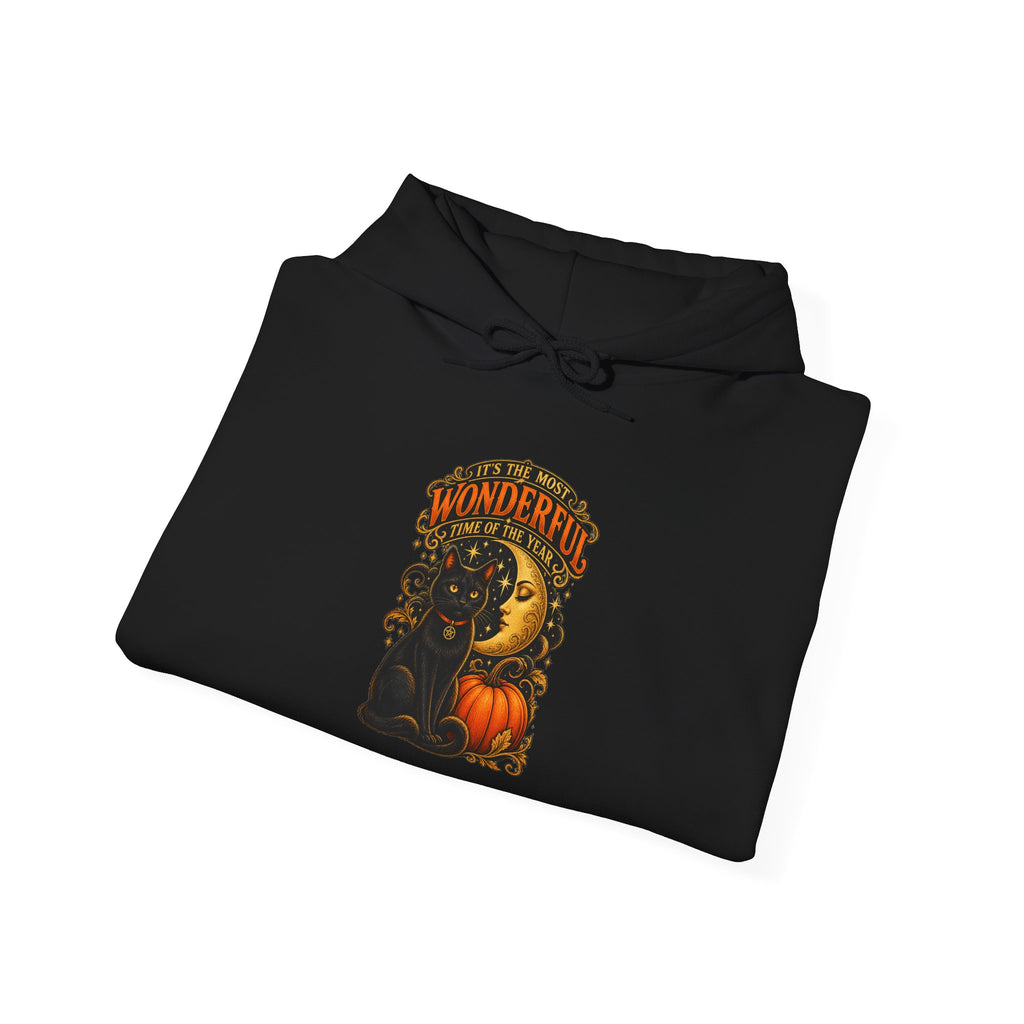 Halloween Black Cat Moon Hoodie – Vintage Pumpkin & Crescent Moon Fall Sweatshirt