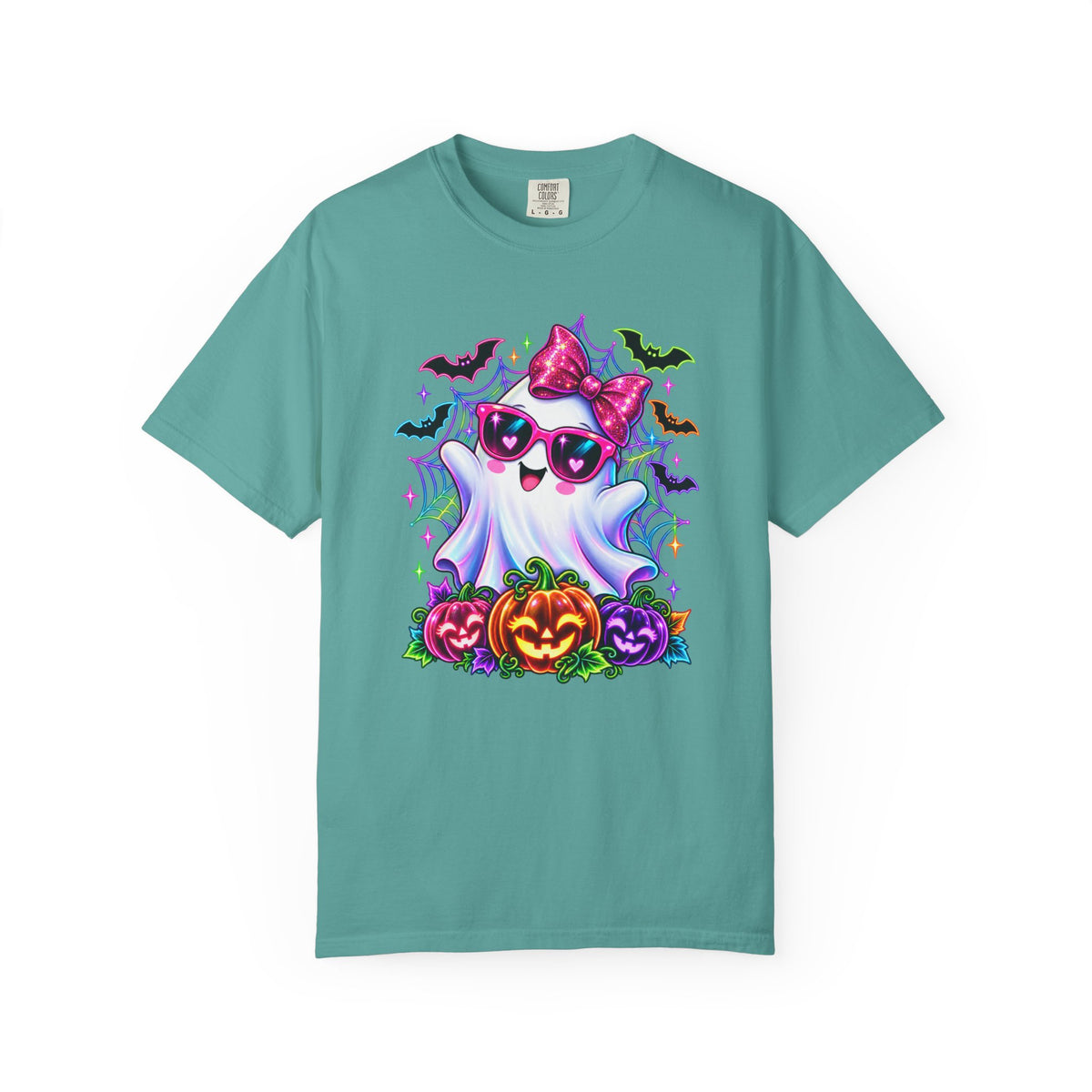 Cute Halloween Ghost T-Shirt — Pink Bow Ghost with Sunglasses & Pumpkins