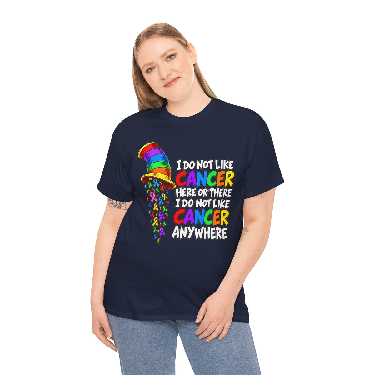 Cancer Awareness T-Shirt — “I Do Not Like Cancer Here or There” Rainbow Ribbon Tee