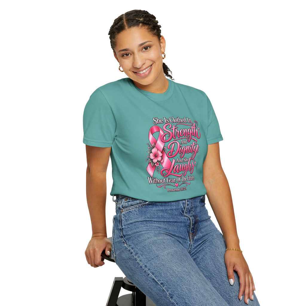 Breast Cancer Awareness T-Shirt — "She is Clothed in Strength" Pink Ribbon Tee