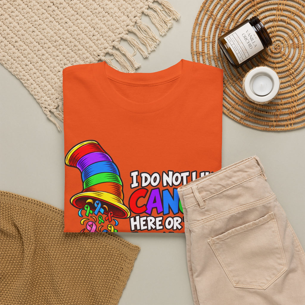 Cancer Awareness T-Shirt — “I Do Not Like Cancer Here or There” Rainbow Ribbon Tee