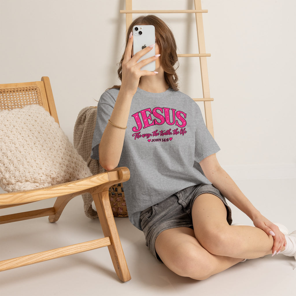 Christian T-Shirt — "JESUS The way, the truth, the life" (John 14:6) Pink Vintage Script