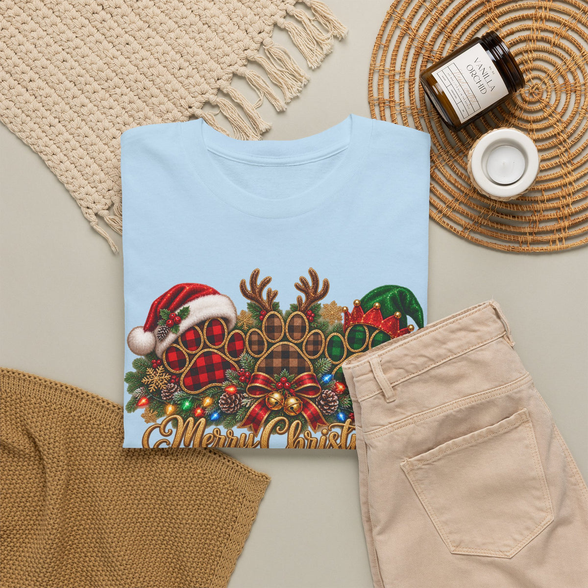 Merry Christmas Paw Prints Holiday Graphic Tee