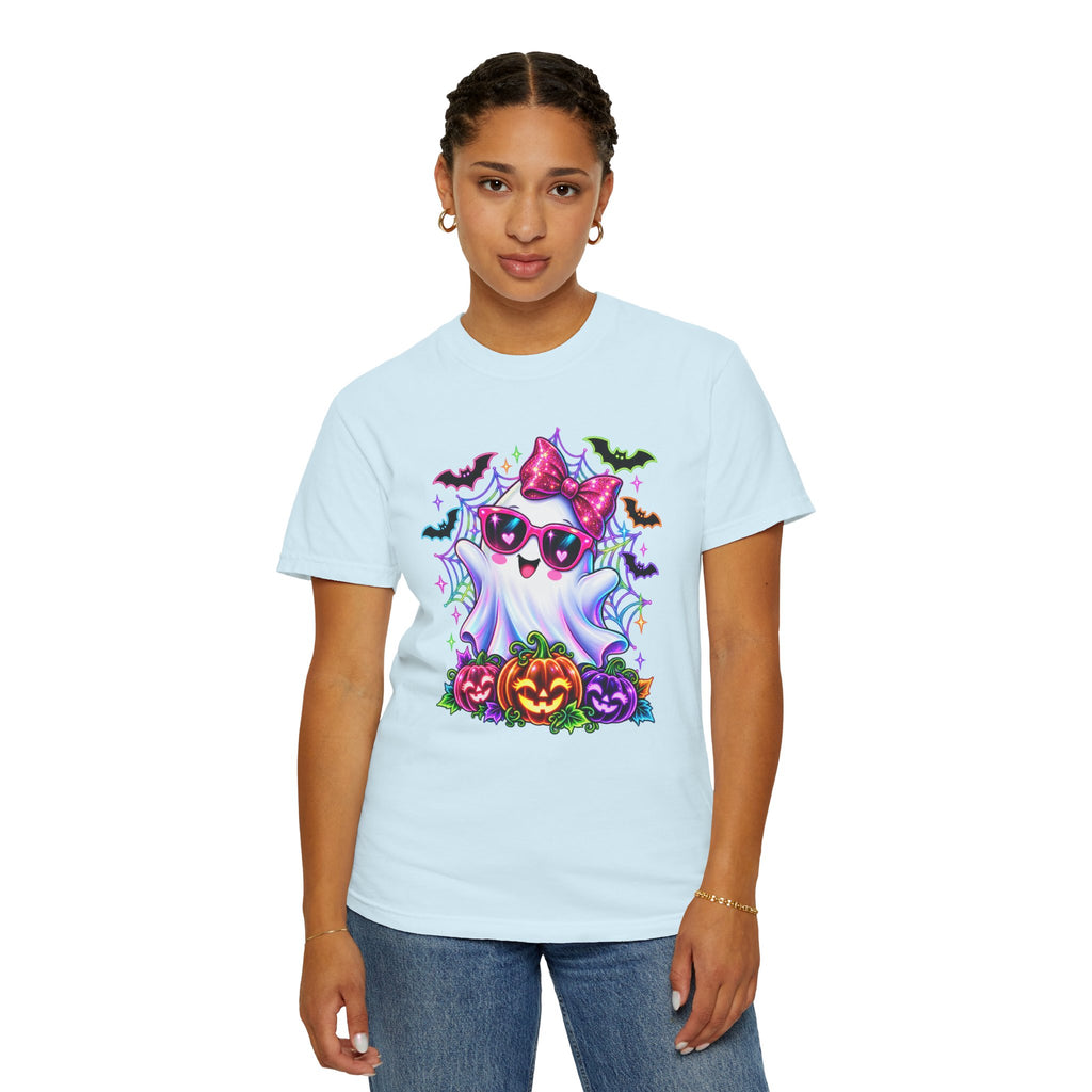 Cute Halloween Ghost T-Shirt — Pink Bow Ghost with Sunglasses & Pumpkins