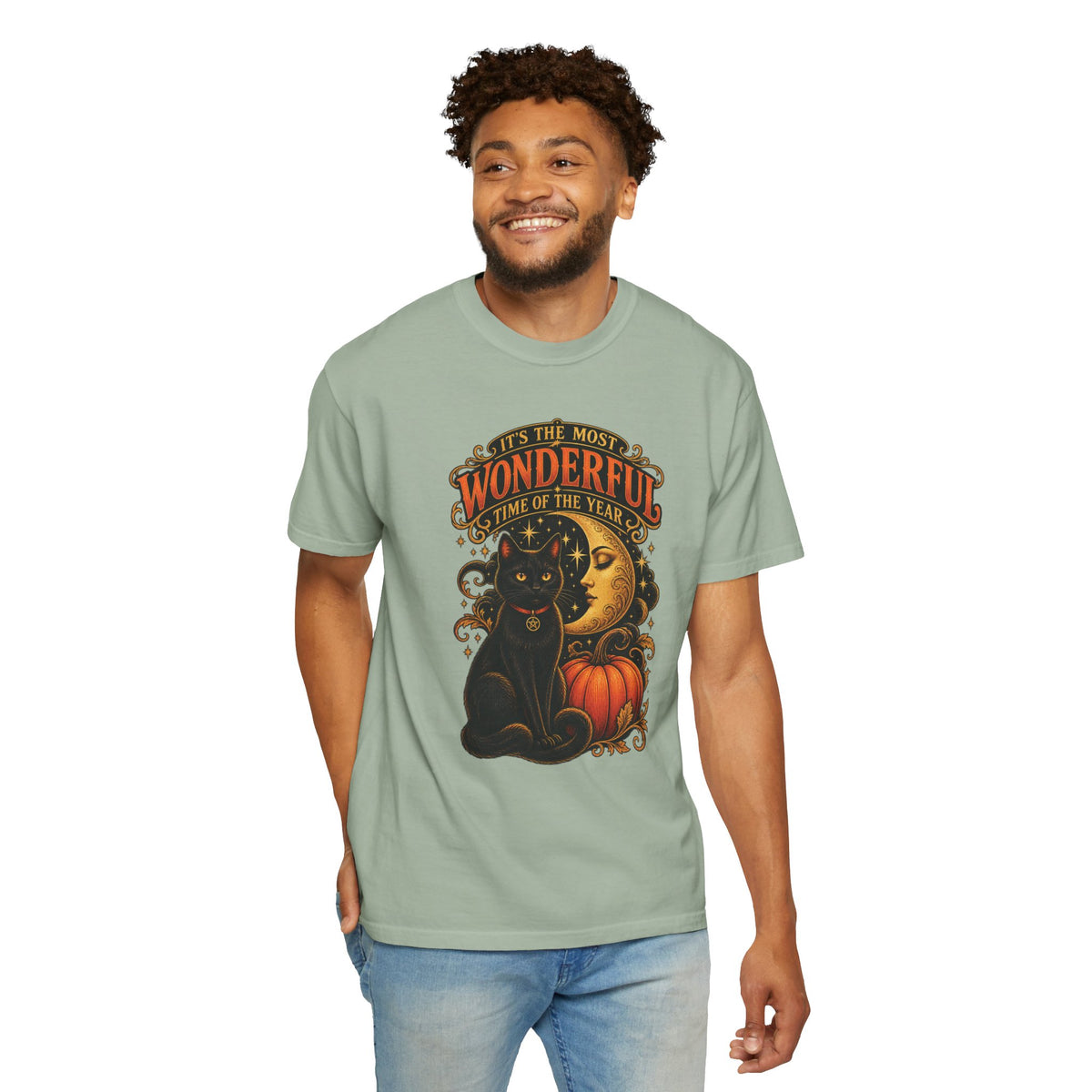 T-Shirt — "It's the Most Wonderful Time of the Year" Halloween Black Cat & Pumpkin