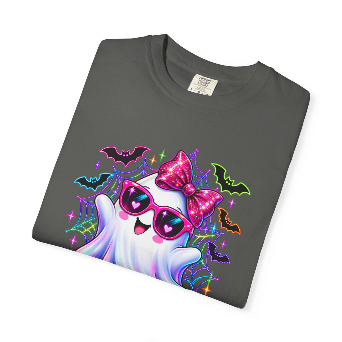 Cute Halloween Ghost T-Shirt — Pink Bow Ghost with Sunglasses & Pumpkins