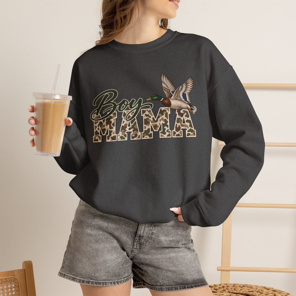 Boy Mama Crewneck Sweatshirt — Camo Lettering with Flying Duck