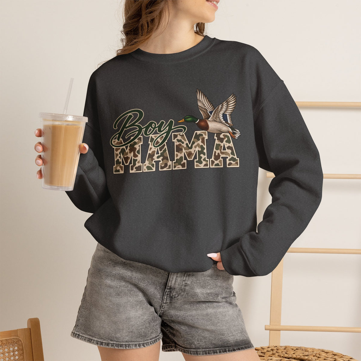 Boy Mama Crewneck Sweatshirt — Camo Lettering with Flying Duck