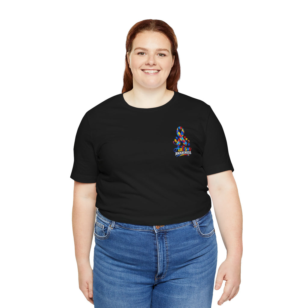Autism Awareness Ribbon Chest Tee — 'Different, Not Less' Short Sleeve T-Shirt
