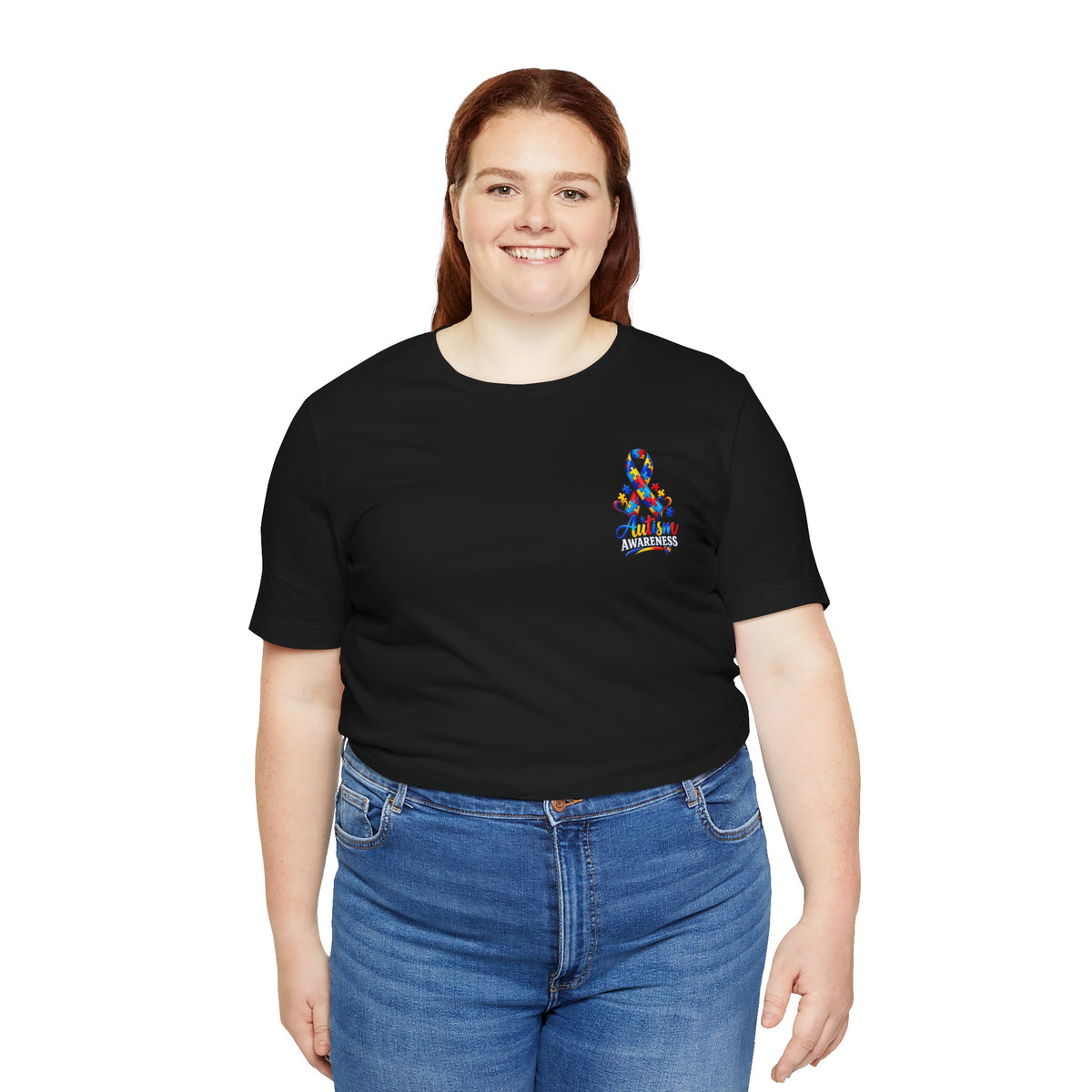 Autism Awareness Ribbon Chest Tee — 'Different, Not Less' Short Sleeve T-Shirt