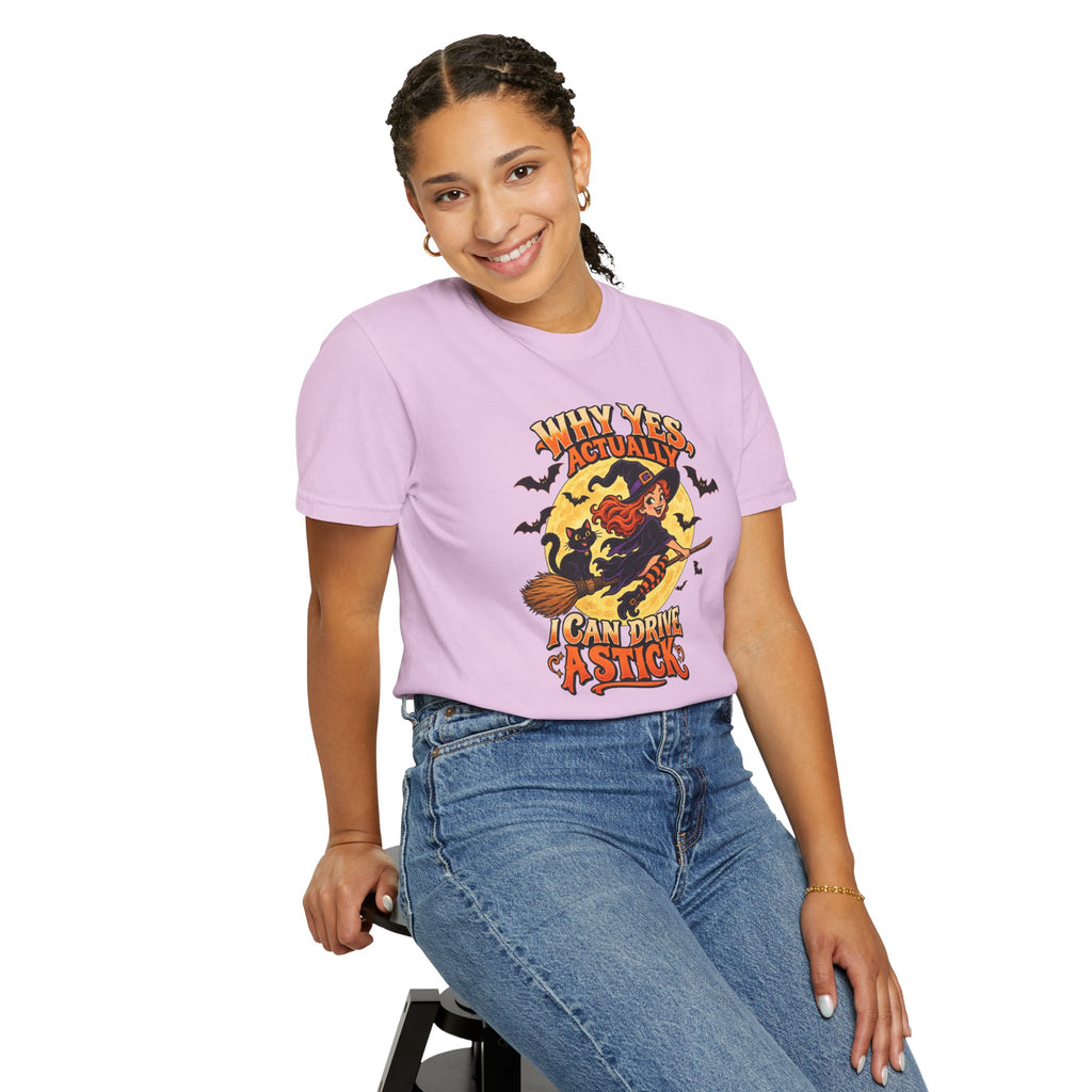 Witch Broom Halloween T-Shirt — "Why Yes Actually I Can Drive A Stick"