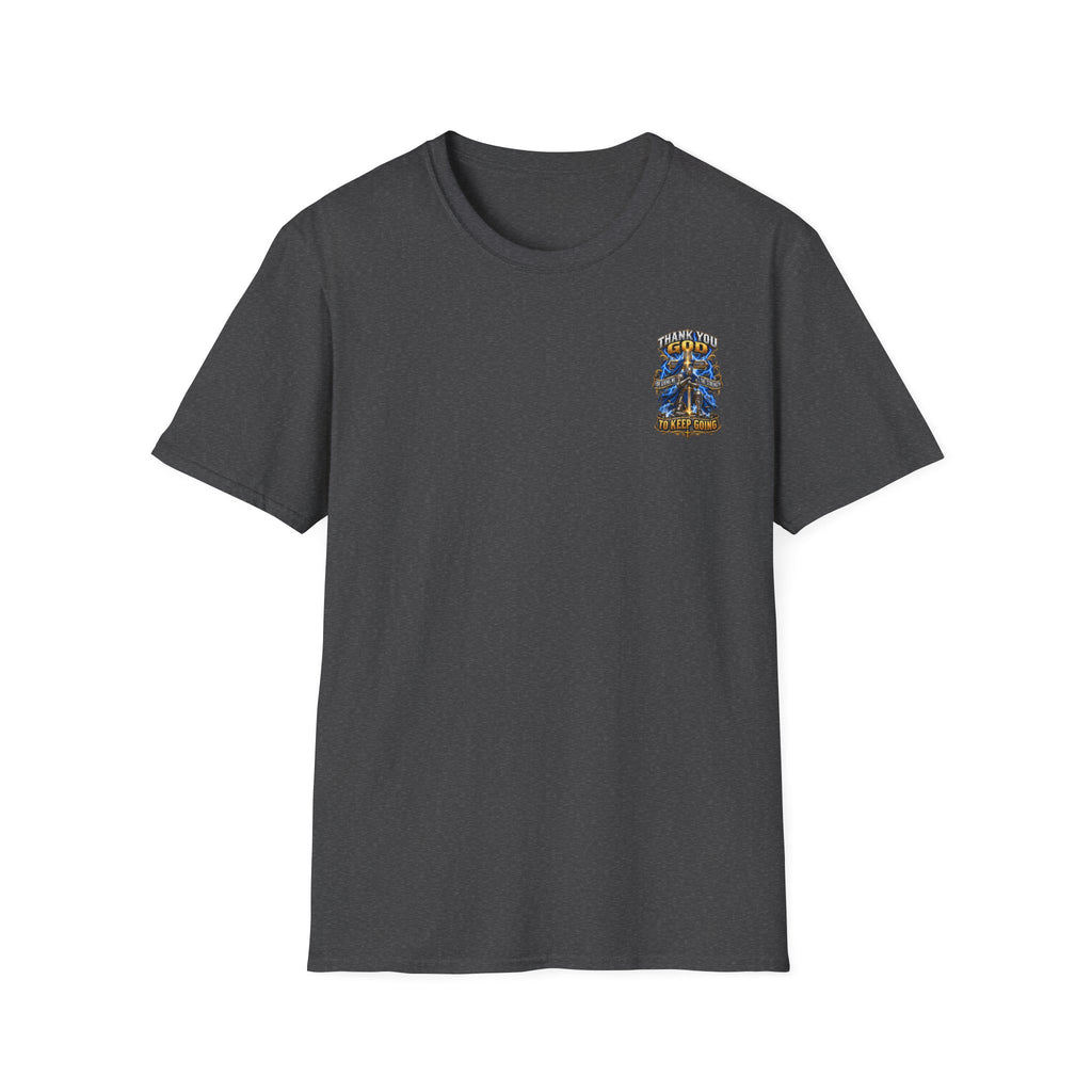 T-Shirt — "Thank You God I Keep Going" Faith Graphic Pocket Tee