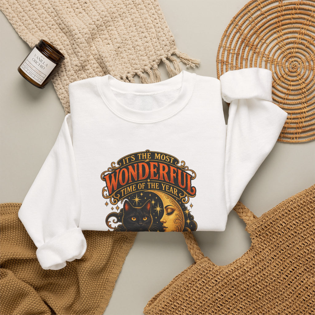 Vintage Halloween Sweatshirt - "It's the Most Wonderful Time of the Year" Black Cat & Moon Design
