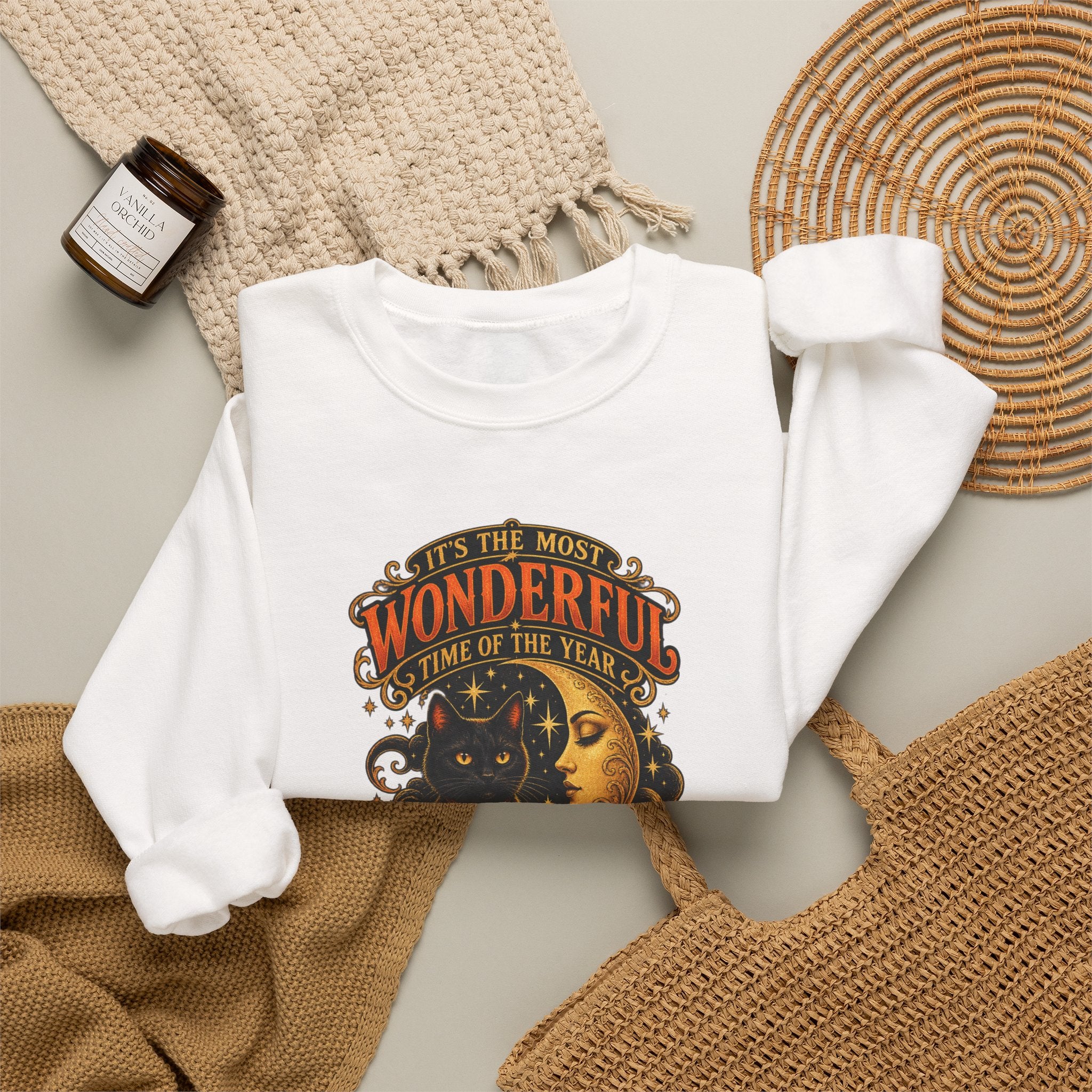 Vintage Halloween Sweatshirt - "It's the Most Wonderful Time of the Year" Black Cat & Moon Design