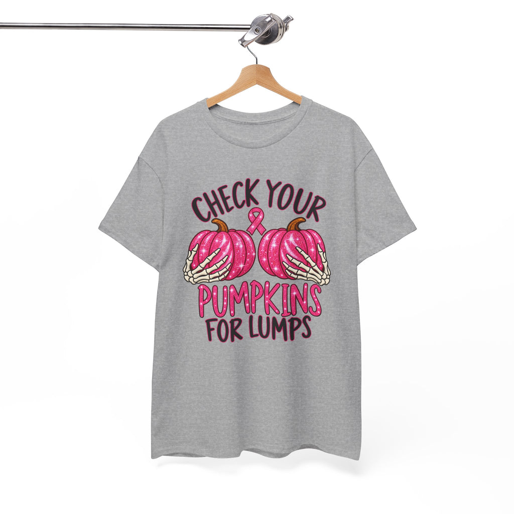 Breast Cancer Awareness T-Shirt — "Check Your Pumpkins for Lumps" Pink Ribbon Tee