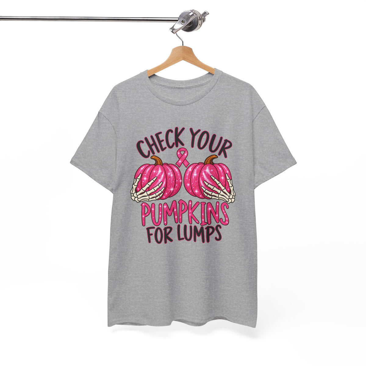 Breast Cancer Awareness T-Shirt — "Check Your Pumpkins for Lumps" Pink Ribbon Tee