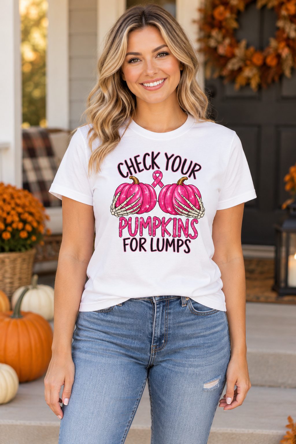 Breast Cancer Awareness T-Shirt — "Check Your Pumpkins for Lumps" Pink Ribbon Tee