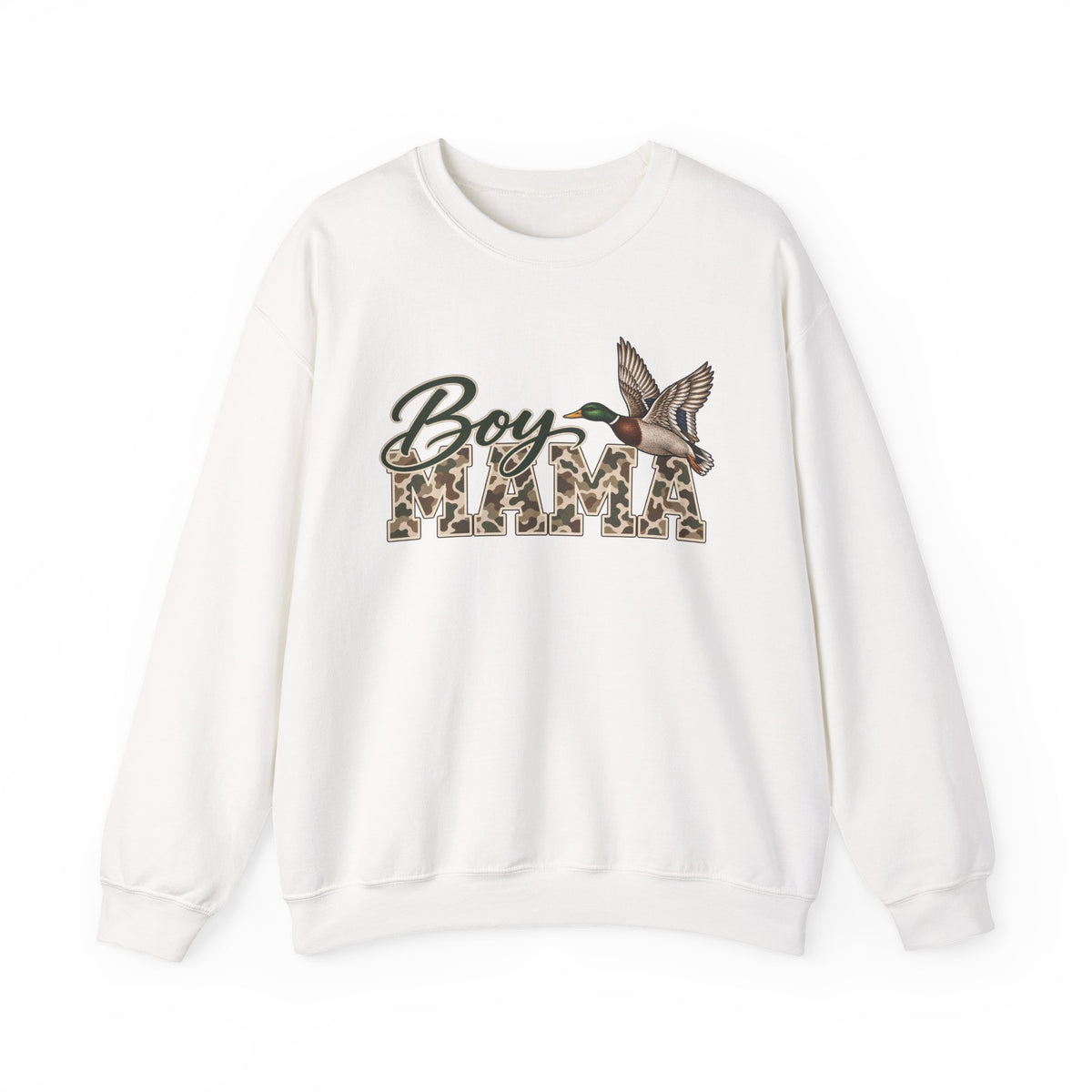 Boy Mama Crewneck Sweatshirt — Camo Lettering with Flying Duck