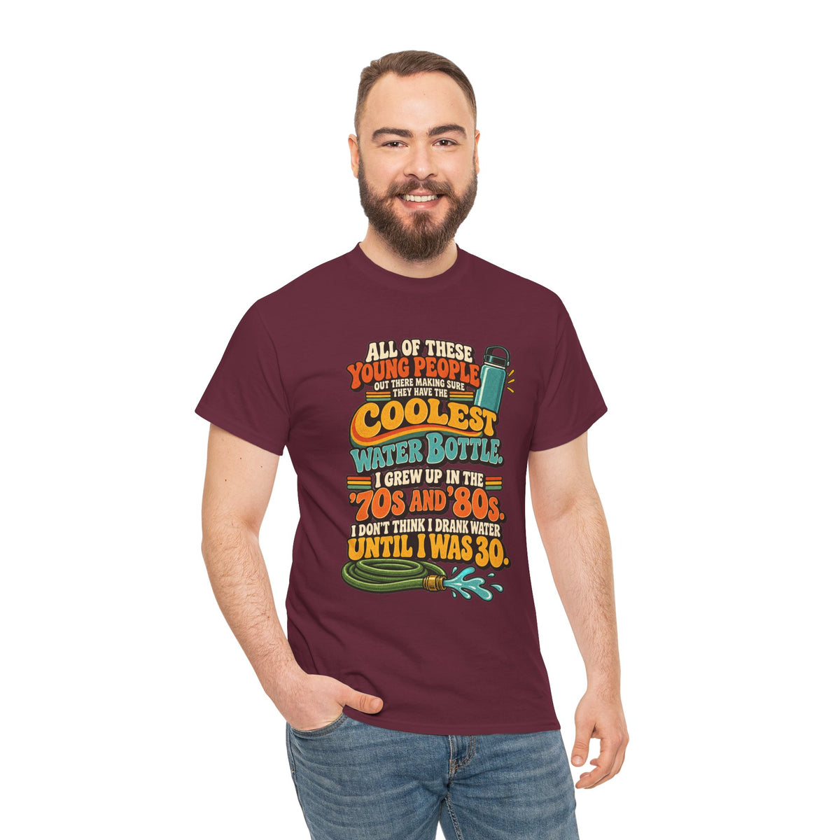 Retro 70s-80s Funny Water Bottle Tee — "Coolest Water Bottle" Graphic T-Shirt