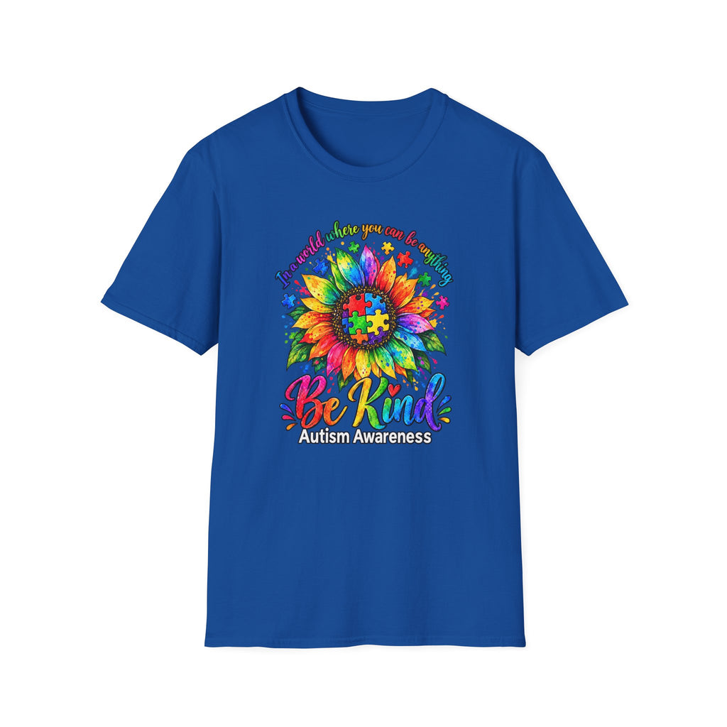 Autism Awareness Sunflower T-Shirt — 'Be Kind' Rainbow Puzzle Design