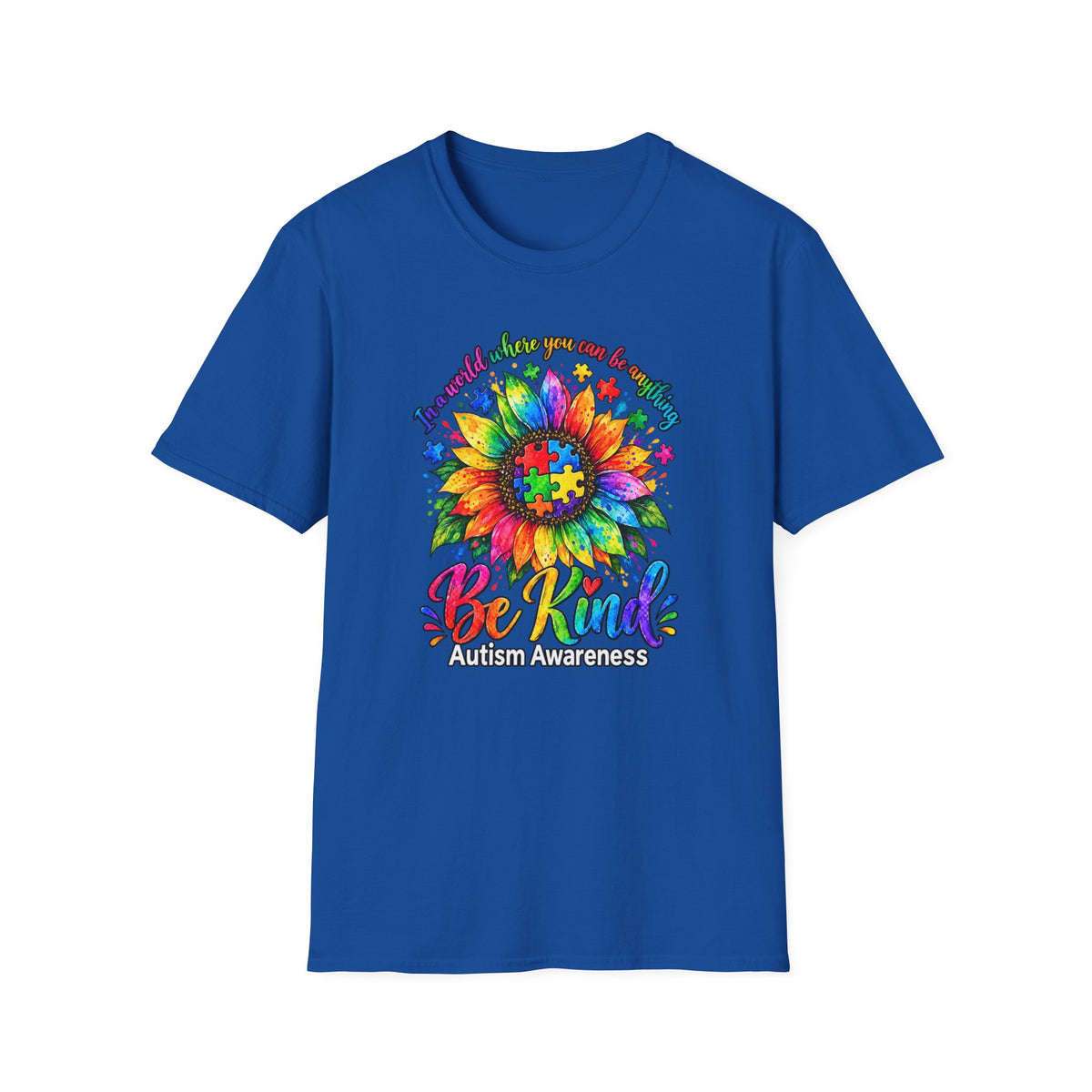 Autism Awareness Sunflower T-Shirt — 'Be Kind' Rainbow Puzzle Design