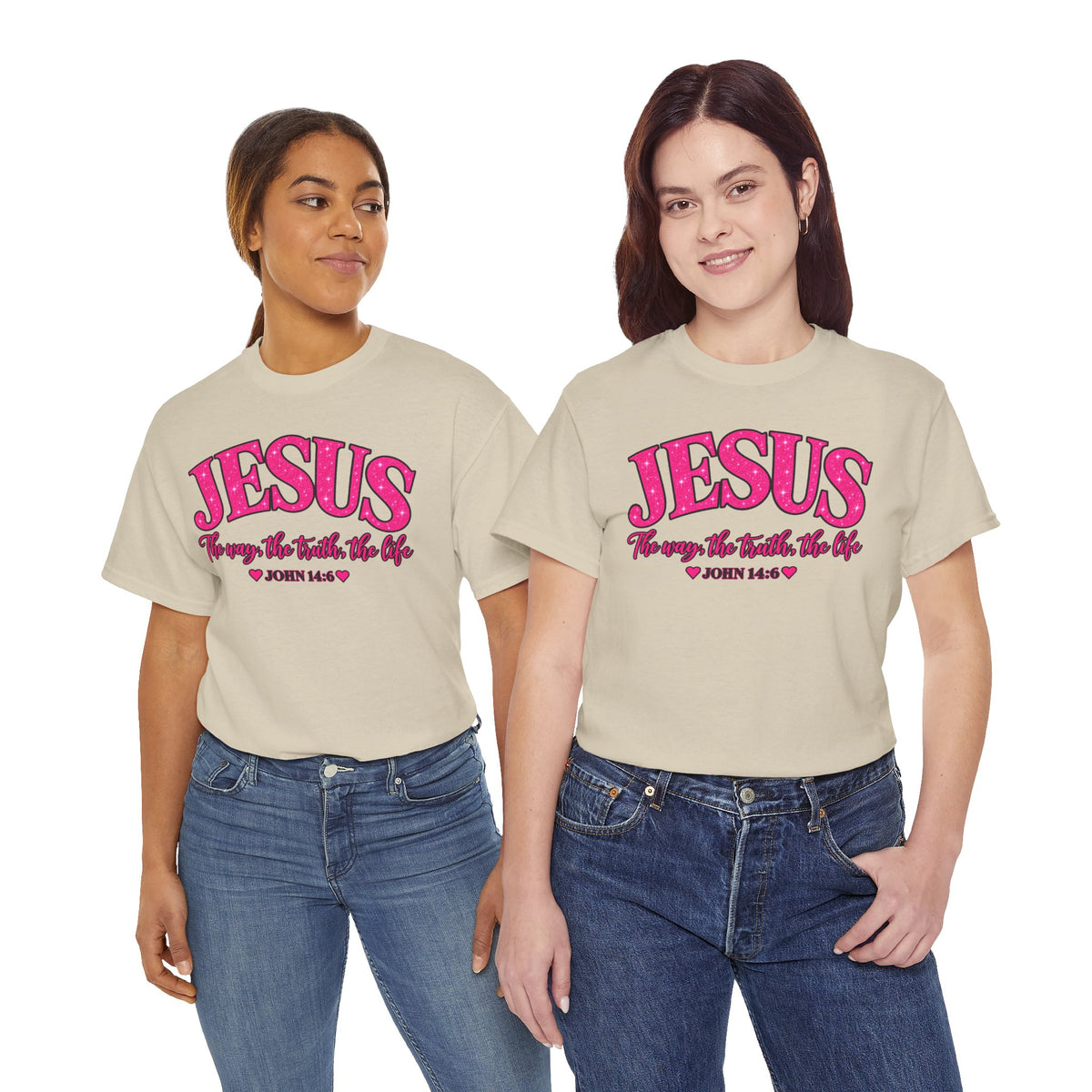 Christian T-Shirt — "JESUS The way, the truth, the life" (John 14:6) Pink Vintage Script