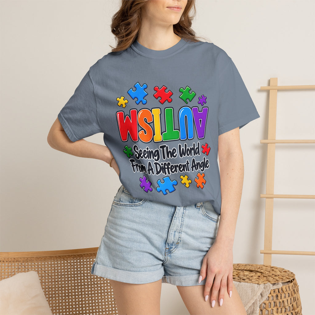 Autism Awareness T-Shirt — "Seeing the World From a Different Angle" Puzzle Design